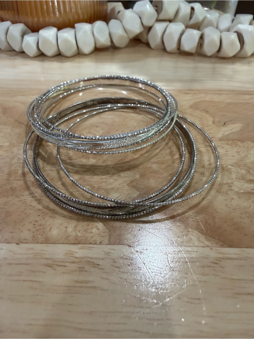 Silver Textured Stackable Bangle Bracelet Set